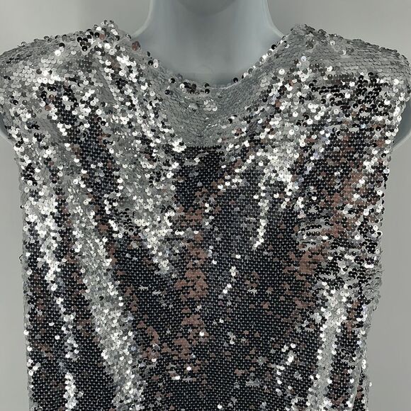Marc New York silver sequin sleeveless top blouse NEW elastic waist shoulder pad - Picture 6 of 12